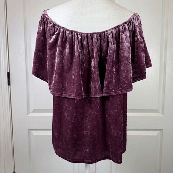 Tres Bien Velour On/Off Shoulder Blouse Wine Color Ruffle Elastic Top Size Large - Picture 3 of 8